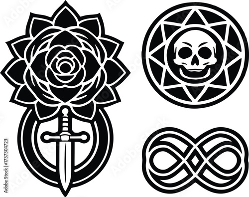Black and white graphic symbols including a rose with a sword a skull in a sun and an infinity symbol