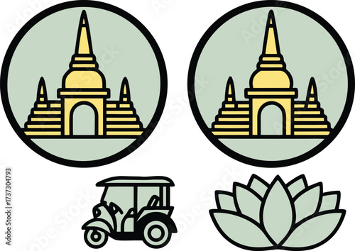 Thai cultural icons including a temple tuk tuk and lotus flower