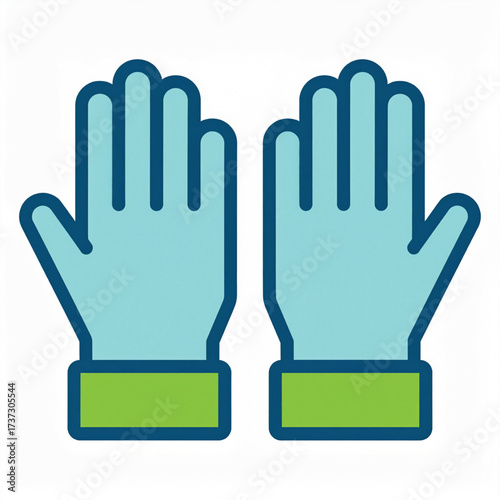 Icon illustration of two teal medical gloves with green cuffs, palms facing forward, isolated on white.