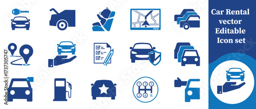 Car rental vector editable icon set, insurance, symbol, auto, booking, car sharing, buy, available, rent, eco, transmission, mileage, app, ride, taxi, thin, seat, hybrid, phone and more