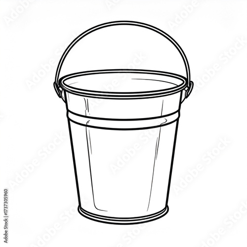 Line art illustration of an empty metal bucket with a handle, isolated on a white background.