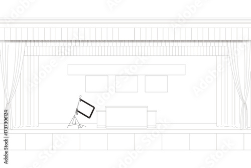  line drawing of a gymnasium stage with curtains and a podium
