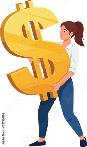 Illustration of woman holding a large golden dollar sign isolated on white background