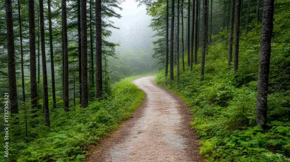 Fototapeta premium Winding path through foggy evergreen forest creates serene atmosphere