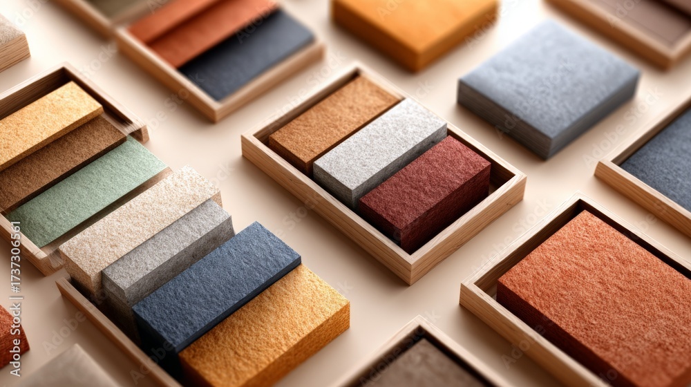 Fototapeta premium Assorted colorful fabric samples in wooden boxes displayed on light surface