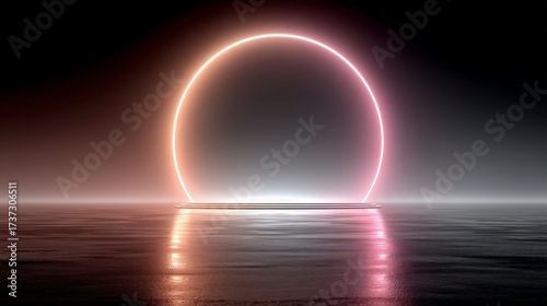 Futuristic neon ring over water surface at night