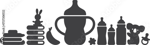 Collection of baby feeding and care items in silhouette