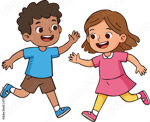 Cheerful children running in park on sunny day, smiling and waving, enjoying their playtime together with joy and enthusiasm.