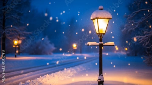 Snowy winter night with glowing street lamps and falling snowflakes