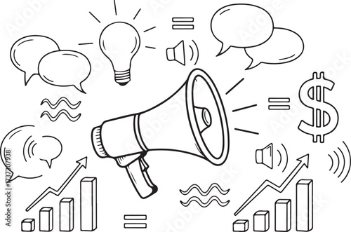 Illustration of megaphone and business growth icons, isolated on white background