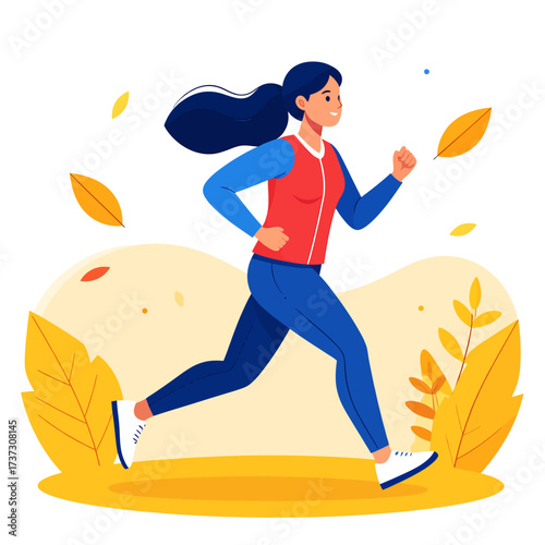 Illustration of a young woman running outdoors amidst falling autumn leaves, depicting a healthy and active lifestyle.