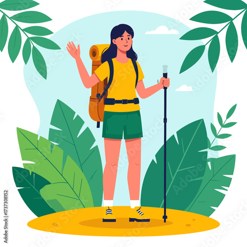 Illustration of a young woman hiking with a backpack and trekking pole in a lush green outdoor environment, waving hello.