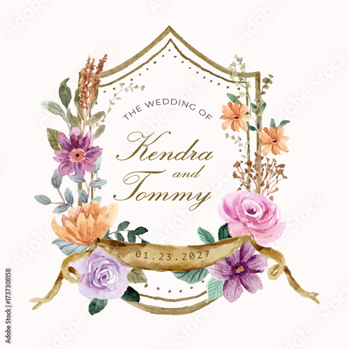 purple pink yellow floral watercolor wedding crest