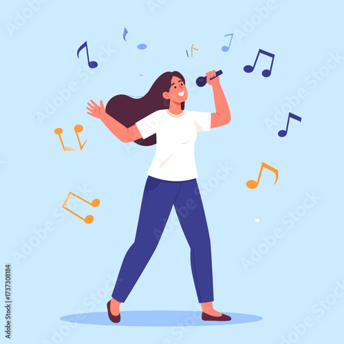 Happy young woman singing into a microphone with musical notes floating around her, enjoying a karaoke session or performance.