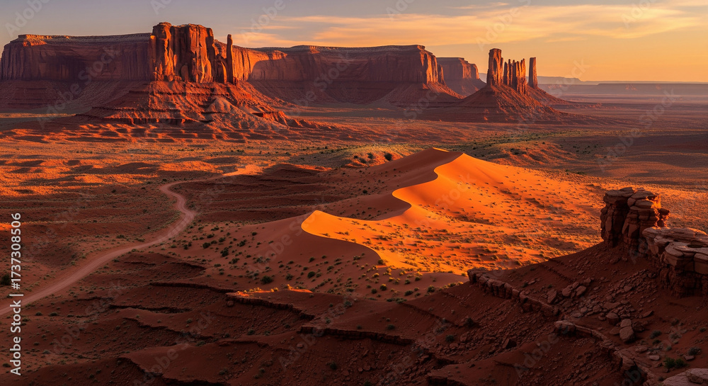 Fototapeta premium The iconic sandstone buttes of Monument Valley glow at golden hour, a perfect majestic landscape for travel, western themes, and natural beauty