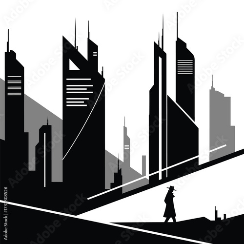 Stylized black and white city skyline with a man in a trench coat walking