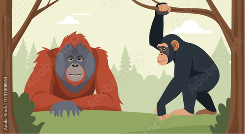 Vibrant illustration of an orangutan and chimpanzee in a lush forest, highlighting great ape species, natural habitat, and wild primate life