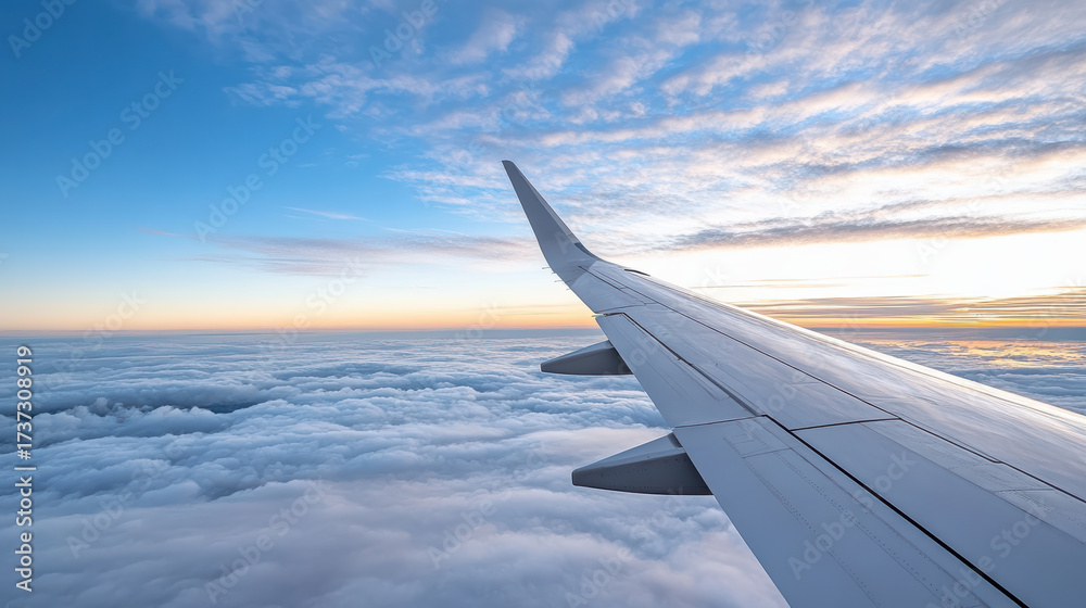 Fototapeta premium Aerial view of airplane wing above clouds during sunset, showcasing serene sky and soft clouds