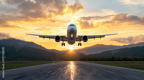 Airplane taking off against glowing sunset sky with mountains background, creating stunning view