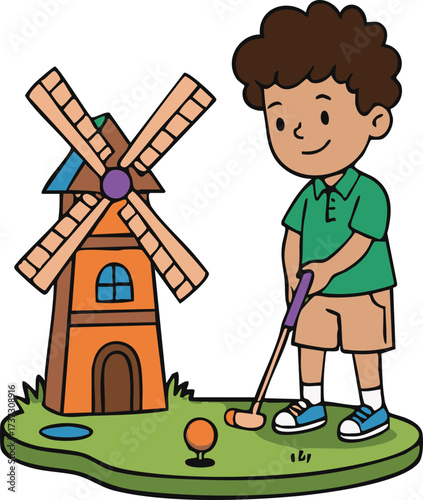 Boy playing golf next to windmill on green course, enjoying outdoor activity with happy and playful mood.