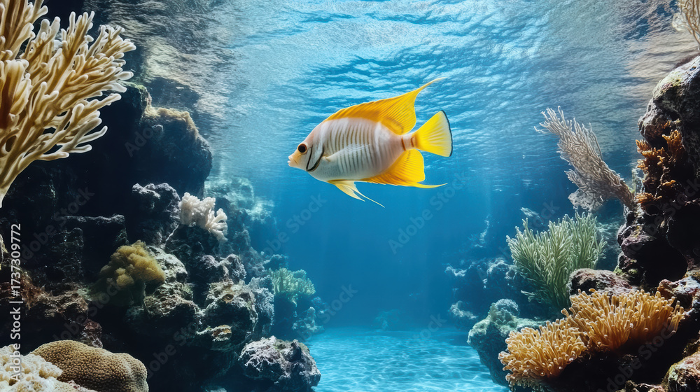 Fototapeta premium Colorful tropical fish swimming in vibrant coral reef underwater scene