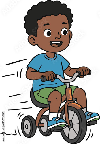 Smiling african american boy rides a tricycle down the sidewalk on a sunny day, enjoying the simple pleasures of childhood.