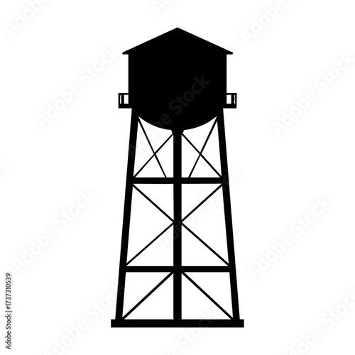 Industrial water tower silhouette structure stands tall against a white background, showcasing architectural simplicity and engineering design concept.