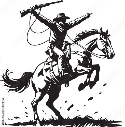 Black and white silhouette of a cowboy on a bucking horse holding a rifle and lasso vector