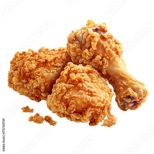 Three Crispy Fried Chicken Drumsticks on White Background