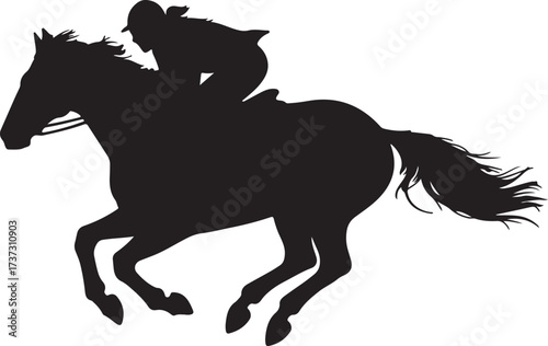 Black silhouette of a horse and rider in full gallop jockey
