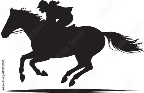 Black silhouette of a jockey riding a galloping horse racing equestrian