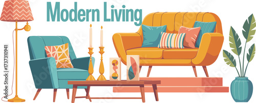 Colorful modern living room illustration, cozy furniture decor, sofa, armchair, indoor plant, wall frames, coffee table, candles, lamp