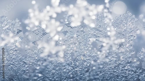 Beautiful macro closeup of delicate snowflakes with frosty crystal texture