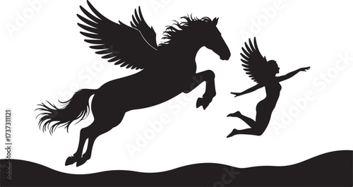 Black silhouette of a winged horse Pegasus flying with a woman reaching up mythical creature