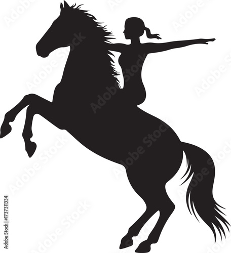 Black silhouette of a woman riding a rearing horse with flowing mane and tail vector