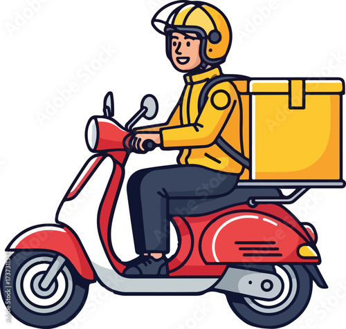 Illustration of delivery man riding a scooter with a yellow box isolated on white background