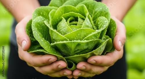 Tender green lettuce head cupped in gentle hands, glistening with fresh water droplets, showcasing vibrant healthy produce.