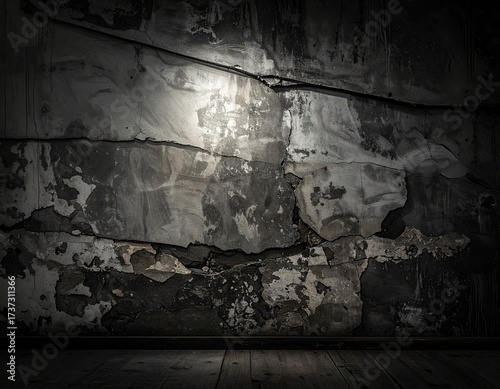 Grungy Black Wall with Cracked Paint and Shadows for Urban Texture in Dark Room Setting