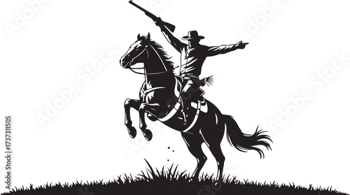 Silhouette of a cowboy on a rearing horse holding a rifle and pointing forward against a white background with grass at the bottom