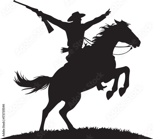 Silhouette of a cowboy on a rearing horse holding a rifle and pointing vector