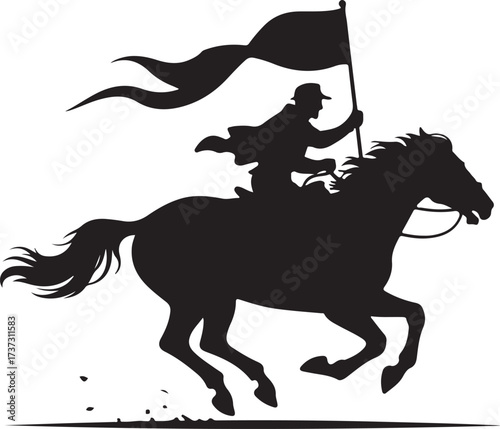 Silhouette of a man in a hat riding a galloping horse holding a flowing flag rider