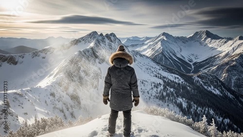Adventurer standing on snowy mountain peak overlooking majestic winter landscape