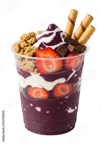 Vibrant purple açaí smoothie with crunchy granola, creamy swirls, fresh strawberries, chocolate chunks, and wafer rolls in a clear cup on a white background, concept for healthy indulgent dessert