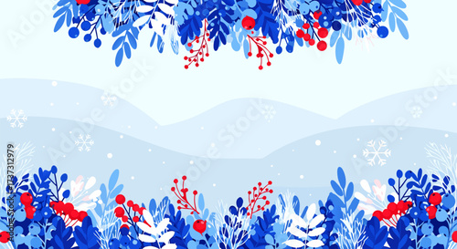 Artistic winter background with decorative blue and red plants framing a snowy scene, offering an elegant empty space for seasonal designs