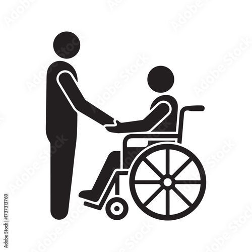 “Caregiver helping a person in a wheelchair icon. Nurse or volunteer providing assistance and support to a disabled patient. Disability and healthcare symbol.”
