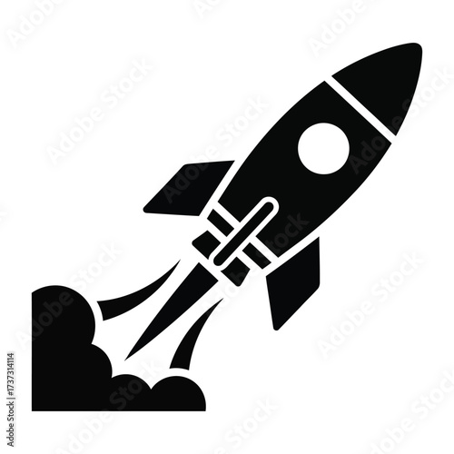 Black rocket ship launching with smoke trails on white background Keywords: rocket, spaceship
