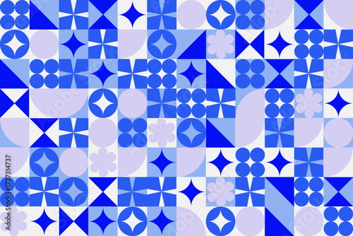 幾何学模様が織りなすブルーとパープルのモダンなシームレスパターン | Modern Seamless Pattern of Blue and Purple Geometric Shapes