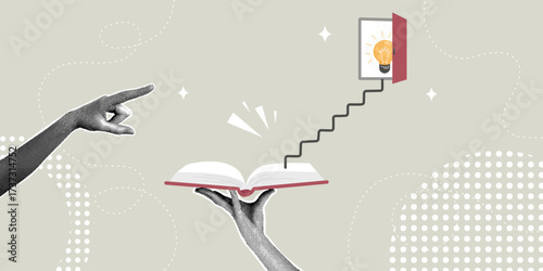 A trendy halftone collage. The path to enlightenment reading books. Books lead to a bright future. The concept of learning new opportunities, wisdom, knowledge, and education opens the door to success