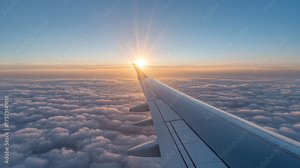 Obraz premium Aerial view of airplane wing above clouds with sunlight shining brightly, creating serene