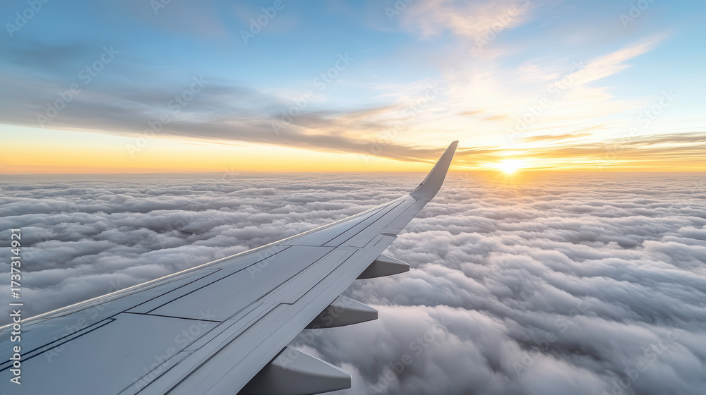 Obraz premium Aerial view of airplane wing above clouds during sunset, creating serene atmosphere